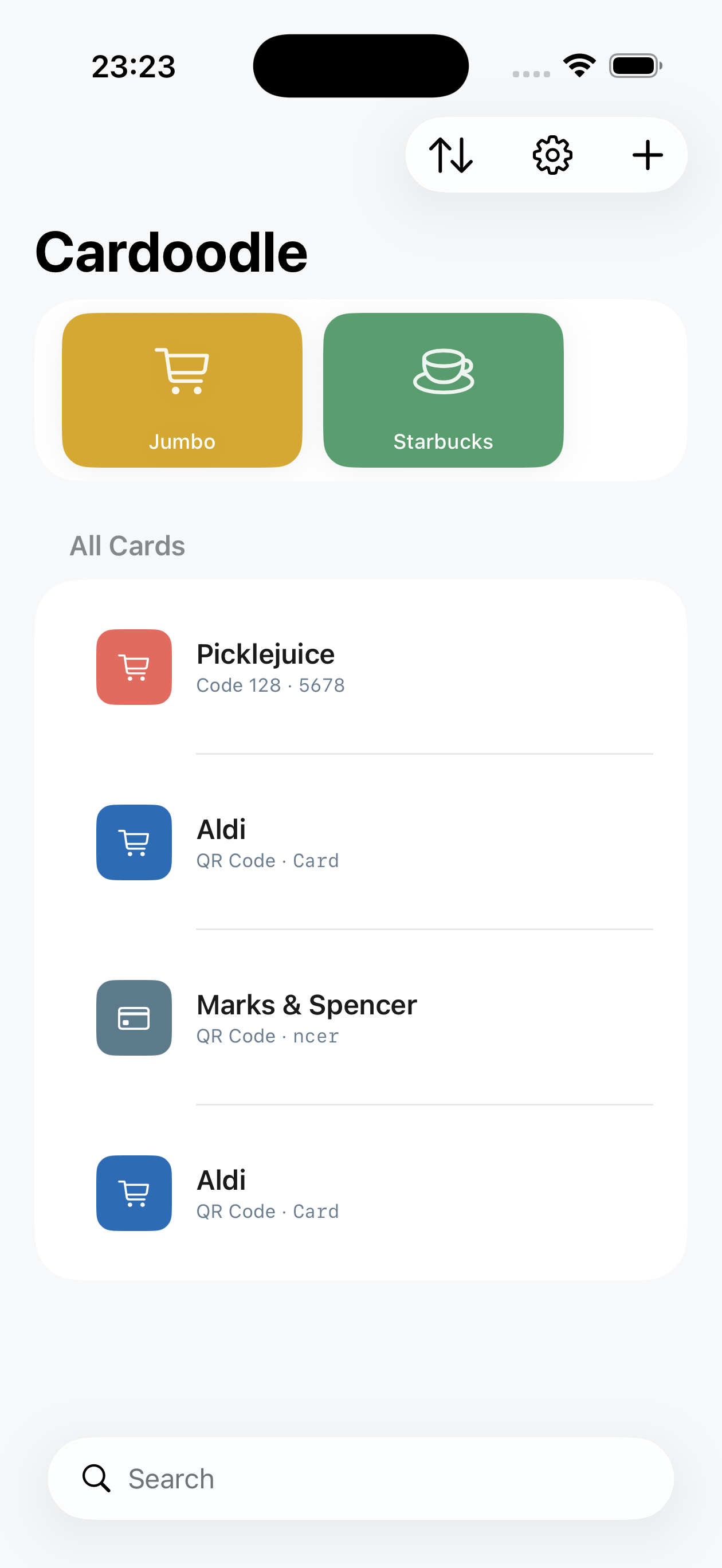 Cardoodle iPhone app showing loyalty cards